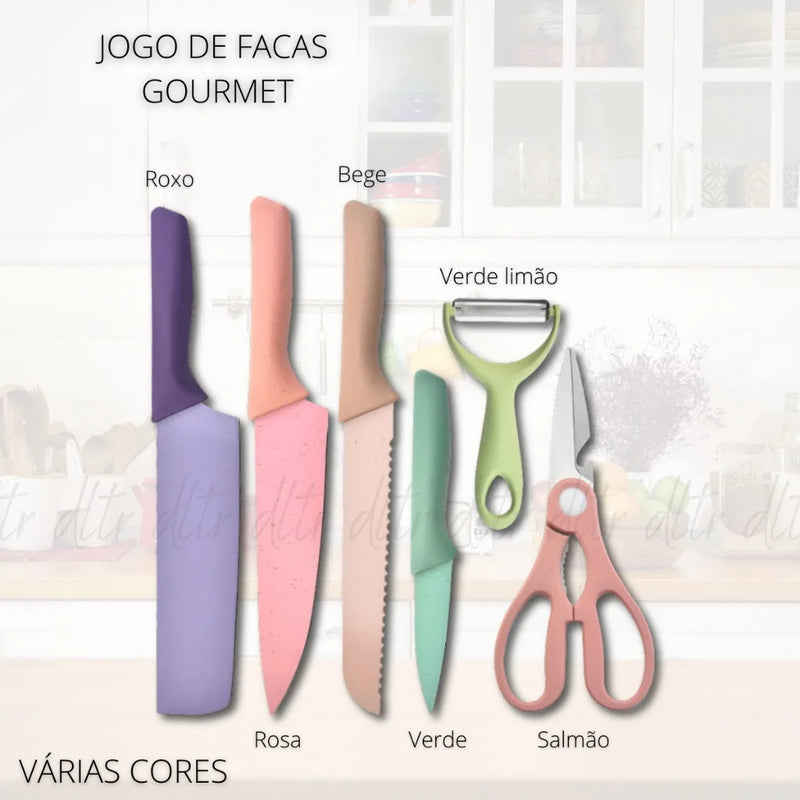 Conjunto de Facas, Tesoura E Descascador Colorido - 6 Peças