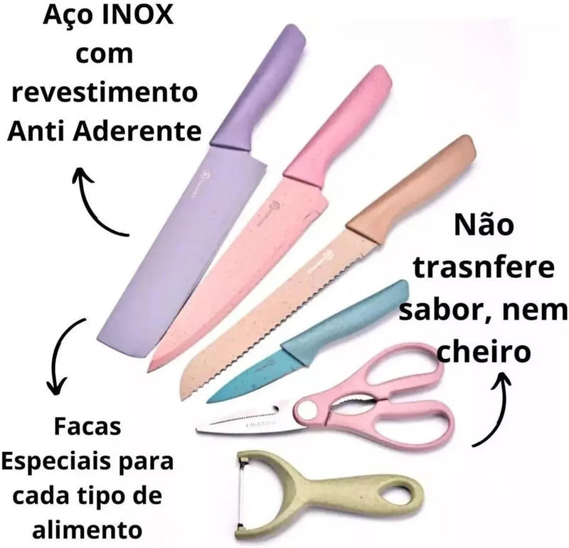 Conjunto de Facas, Tesoura E Descascador Colorido - 6 Peças